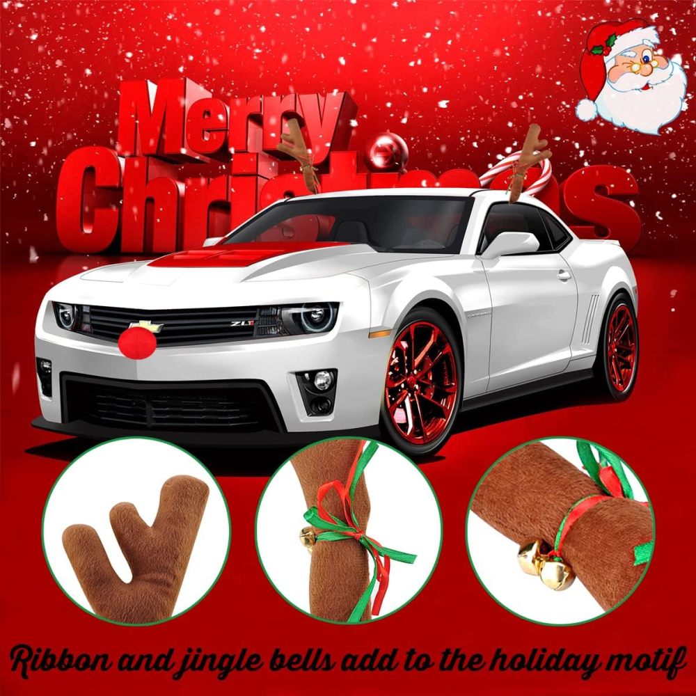 Christmas Reindeer Antlers & Nose for Car Auto Decoration, Cute Rudolph Reindeer Jingle Bell Added to Holiday Spirit(Large Size)