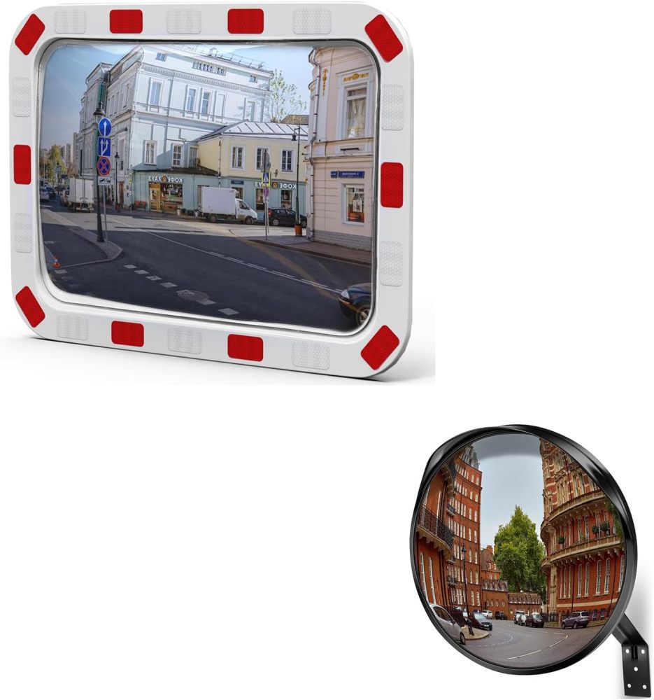 12" Blind Spot Mirror & 24" Reflective Rectangular Mirror - Adjustable Blind Spot Mirror, Traffic Mirror, Security Mirror Indoor and Outdoor, Parabolic Safety Mirror