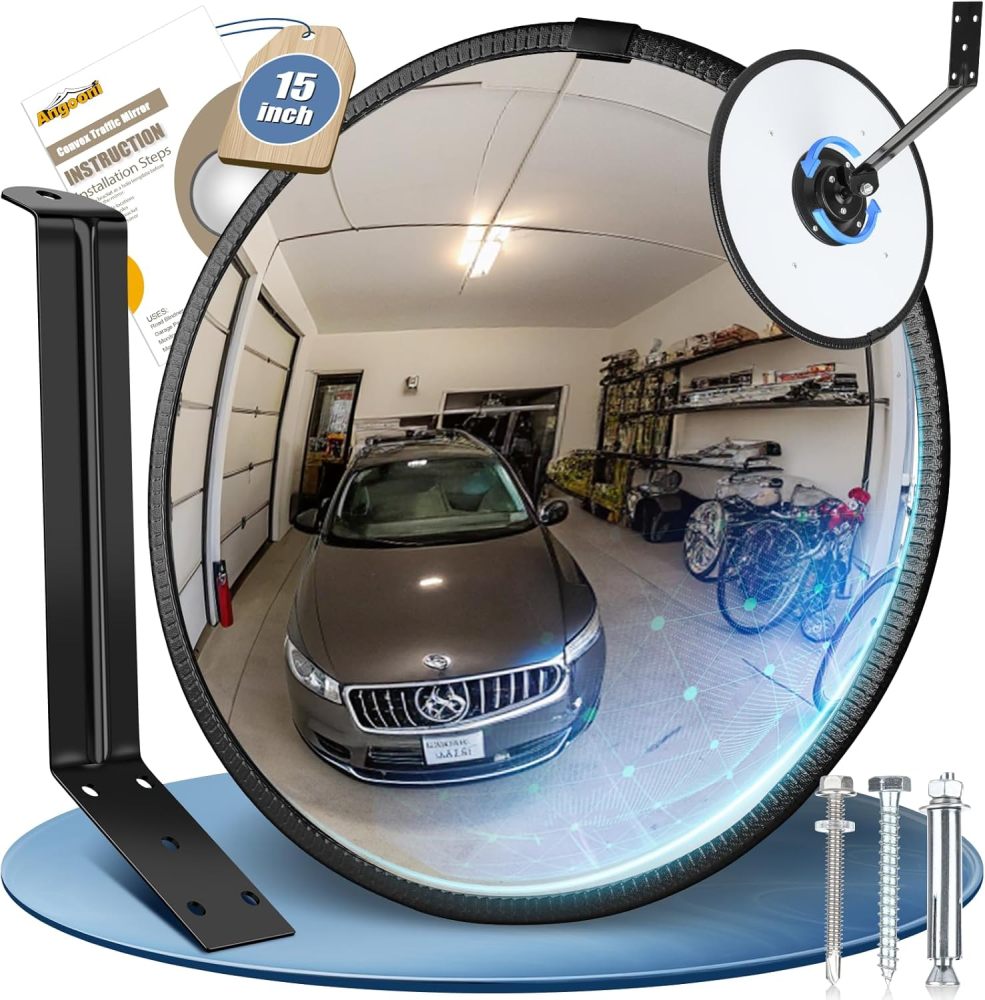 15" HD Convex Traffic Mirror - Freely Adjustable Blind Spot Mirror, Heavy Acrylic Mirror - Security Mirror for Driveway, Garage Parking, Office