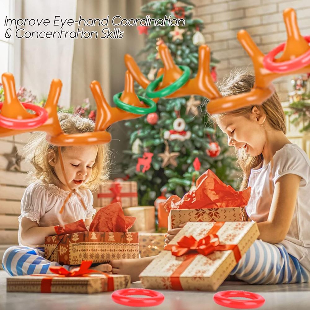 Inflatable Reindeer Antler Ring Toss Game for Christmas Party Supplies Xmas Target Game Toy for Kids & Adults (2 Version Choice; 2 Antlers & 16 Rings OR 4 Antlers & 24 Rings)
