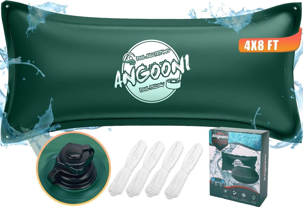 4x8FT Heavy-Duty Green Pool Pillow with Sturdy Ropes - 0.4mm Thick PVC Pool Pillows for Winter with Boston Dual-Inflation Valve - Pool Pillows for Above Ground Pools, No Leakage