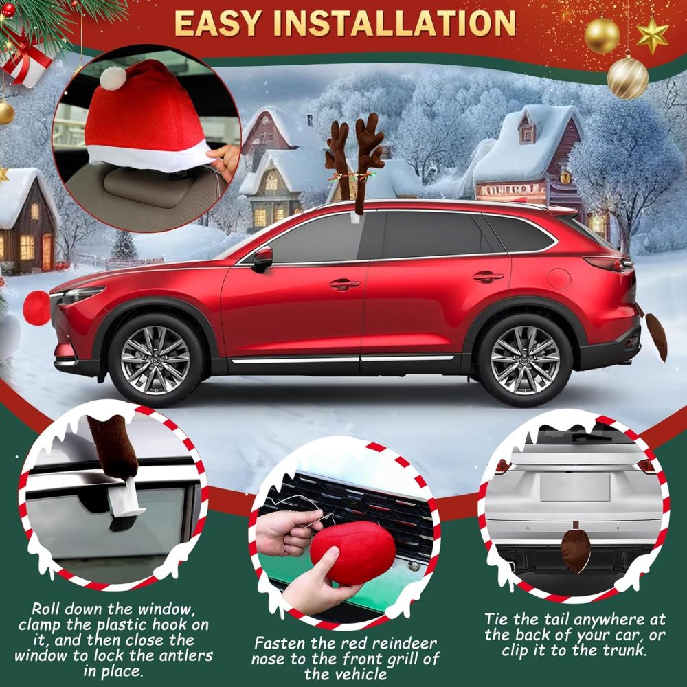 16.7 Inch Dark Brown Christmas Reindeer Car Kit - Christmas Reindeer Car Kit with 4 Adorable Car Seat Santa Hat, Christmas Decorations for Car Perfect for Various Car Models