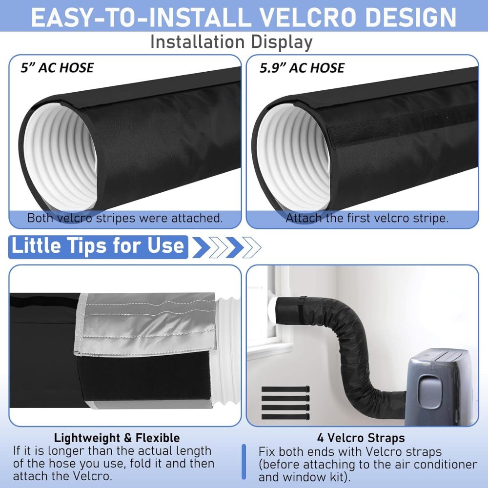 Portable ac Hose Cover - 59” Flexible and Thick Air Conditioner Hose Cover Wrap with No Leaks, Portable ac Hose Insulation for Hoses between 5" and 5.9" in diameter, Black