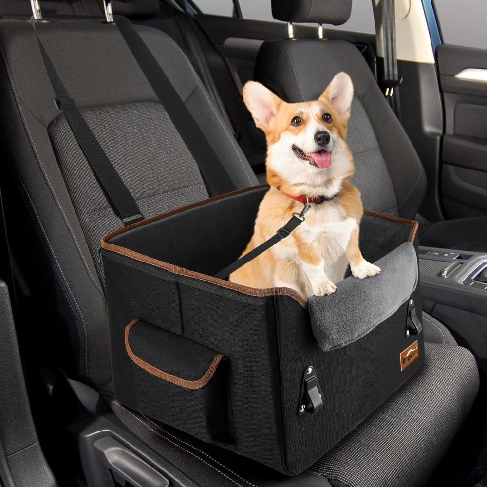 Angooni Hunde Autositz für Kleine bis Mittlere Hunde - Booster Hundesitz - Hundeautositz mit Aufbewahrungstaschen - Verwandelbarer Hundekorb Auto mit Plüschkissen für Vordersitz Rückbank (Schwarz)