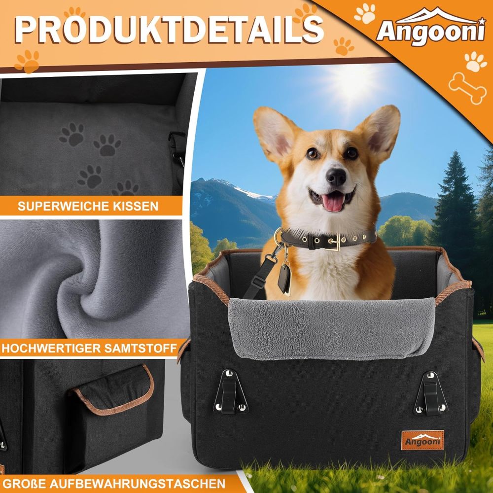 Angooni Hunde Autositz für Kleine bis Mittlere Hunde - Booster Hundesitz - Hundeautositz mit Aufbewahrungstaschen - Verwandelbarer Hundekorb Auto mit Plüschkissen für Vordersitz Rückbank (Schwarz)
