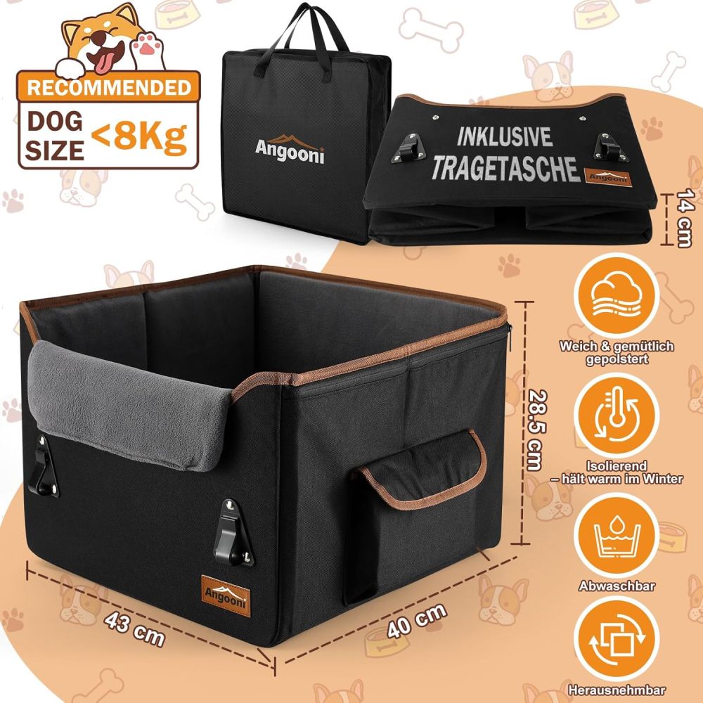 Angooni Hunde Autositz für Kleine bis Mittlere Hunde - Booster Hundesitz - Hundeautositz mit Aufbewahrungstaschen - Verwandelbarer Hundekorb Auto mit Plüschkissen für Vordersitz Rückbank (Schwarz)