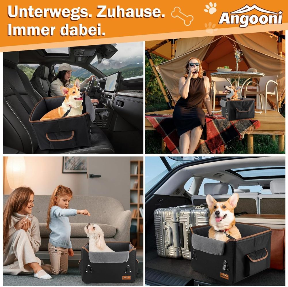 Angooni Hunde Autositz für Kleine bis Mittlere Hunde - Booster Hundesitz - Hundeautositz mit Aufbewahrungstaschen - Verwandelbarer Hundekorb Auto mit Plüschkissen für Vordersitz Rückbank (Schwarz)