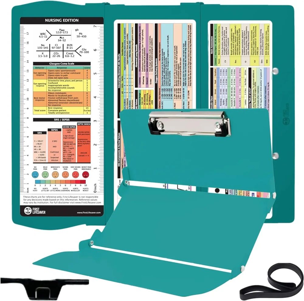 Nursing Clipboard with Nursing and Medical Edition Cheat Sheets 3 Layers Aluminum Foldable Nurse Clip Boards Notepad for Student