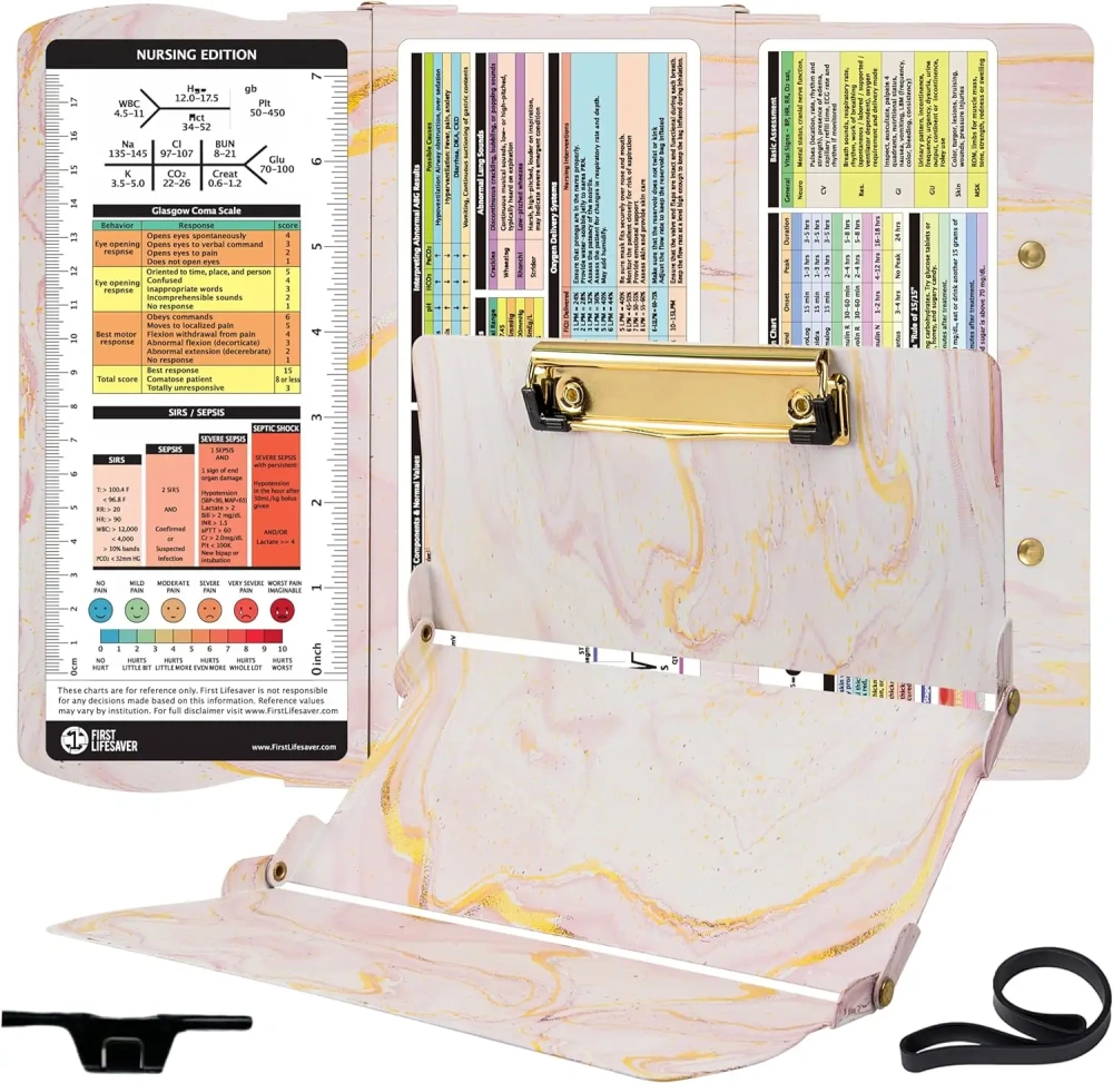 Nursing Clipboard with Nursing and Medical Edition Cheat Sheets 3 Layers Aluminum Foldable Nurse Clip Boards Notepad for Student