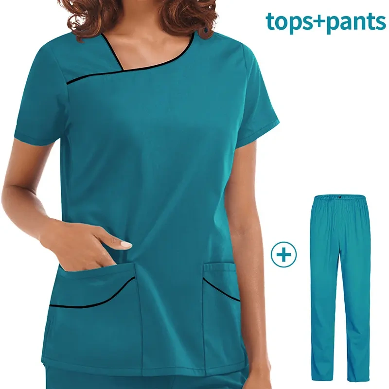 Nursing Uniform Sets Unisex Women Men Short Sleeves Overalls Scrubs Set Nurse Uniforms for Hospital Top & Pants Multi Pocket
