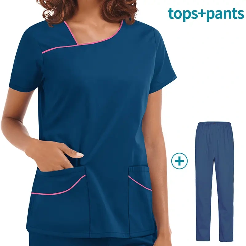 Nursing Uniform Sets Unisex Women Men Short Sleeves Overalls Scrubs Set Nurse Uniforms for Hospital Top & Pants Multi Pocket