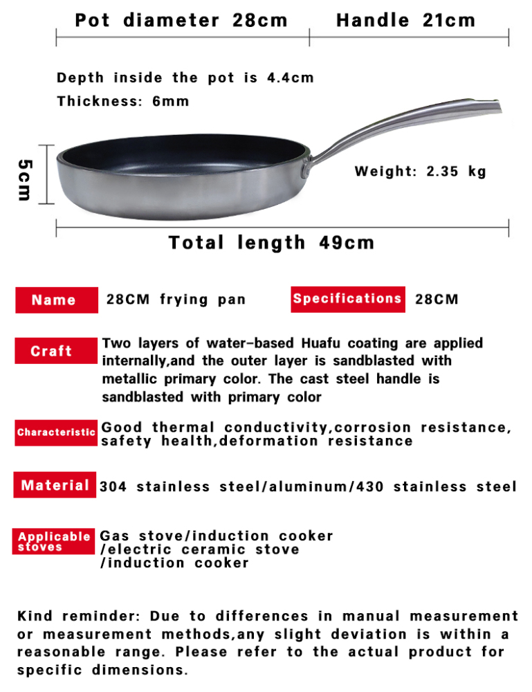 Compound Steel Frying Pan 28cm Cast Steel Handle Skillet Pot 11inch Kitchen Cooking Cookware Compatible with All Cooktops