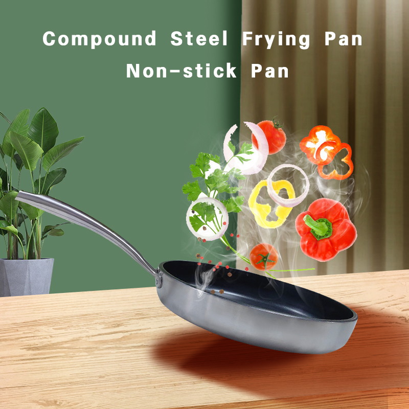 Compound Steel Frying Pan 28cm Cast Steel Handle Skillet Pot 11inch Kitchen Cooking Cookware Compatible with All Cooktops