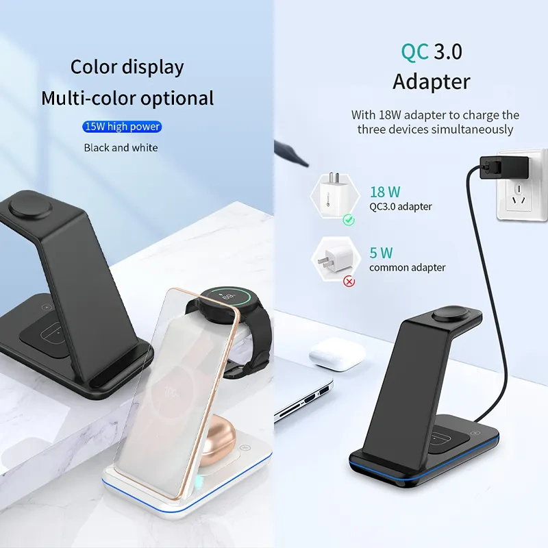 Wireless Chargers for Multiple Devices 15W 3 in 1 Magnetic Wireless Charger Stand Fast Charging Portable Wireless Charger