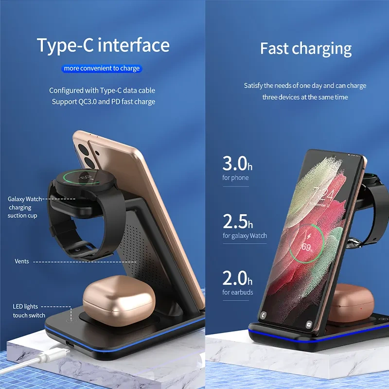 Wireless Chargers for Multiple Devices 15W 3 in 1 Magnetic Wireless Charger Stand Fast Charging Portable Wireless Charger