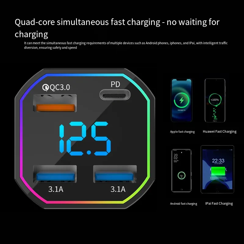 4 in 1 Car Charger High Quality PD 20W Car Charger Fast Charging 3.1A/3.1A/QC3.0/PD 4-Port Car USB Portable Car Chargers Adapter