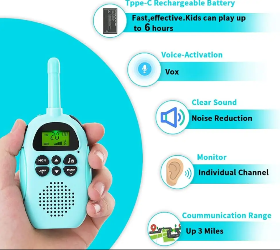 Rechargeable 1000Mah Long Range Boys Girls Kid Walkie Talkies VOX Backlit LCD for Child Outside Playing