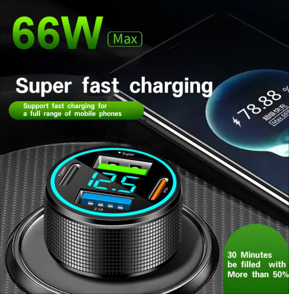 Car Charger 4 in 1 Cigarette Lighter Adapter PD 30W 4-Port Car Charger Type c DC12-24V Aluminum Alloy Car Charger Fast Charging