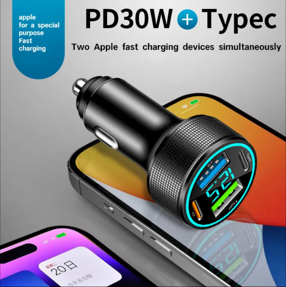 Car Charger 4 in 1 Cigarette Lighter Adapter PD 30W 4-Port Car Charger Type c DC12-24V Aluminum Alloy Car Charger Fast Charging