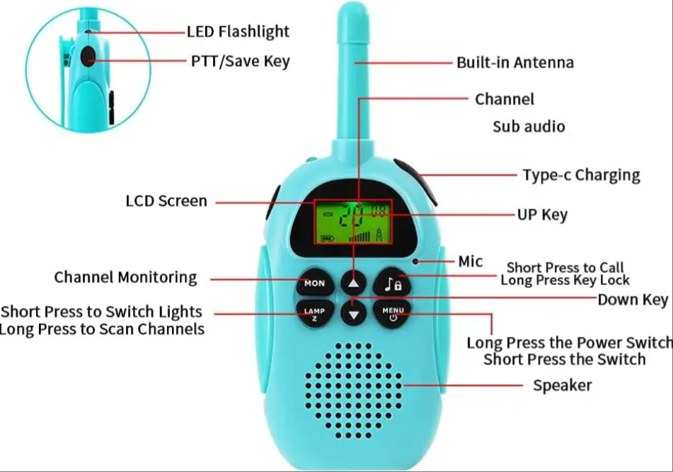 Rechargeable 1000Mah Long Range Boys Girls Kid Walkie Talkies VOX Backlit LCD for Child Outside Playing
