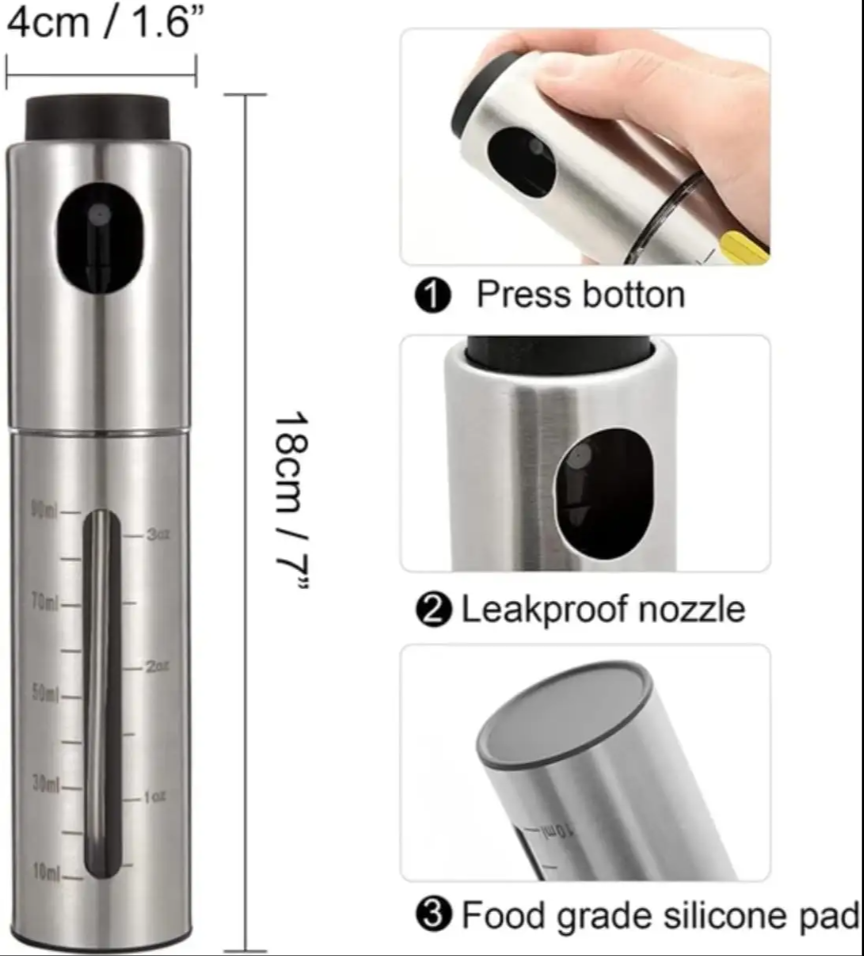 100ml Stainless Steel Olive Oil Spray Bottle Cooking Oil Dispenser for Salad BBQ Kitchen Baking and Roasting
