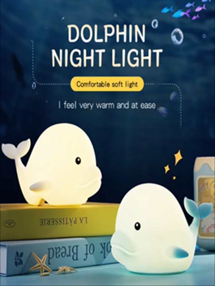 Silicone Night Light 2025 New Patted Sleeping Night Lights Bedroom Charging Portable Cartoon Dolphin Night Light for Kids