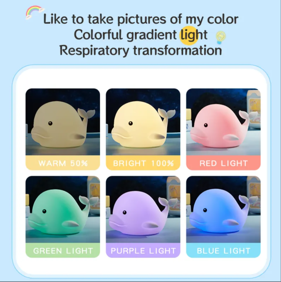 Silicone Night Light 2025 New Patted Sleeping Night Lights Bedroom Charging Portable Cartoon Dolphin Night Light for Kids