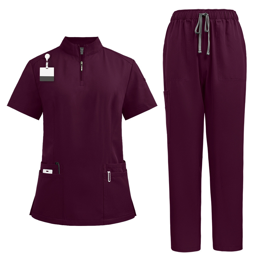 Nursing Uniform Sets Unisex Short Sleeves Stand-up Collar Zipper Overalls Nurse Uniforms Top & Pants Multi Pocket for Hospital Doctor Nurse Workwear Comfortable Quick-drying and Breathable Work Clothes