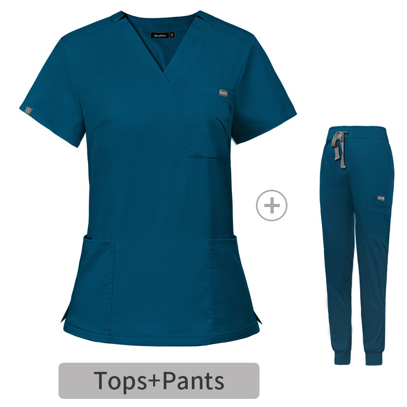 Nurse Uniforms for Hospital Nursing Uniform for Women Men Short Sleeves V-neck Stretchy Scrubs Set Top & Pants Jogger with Multi Pocket Nurse Workwear Comfortable Quick-drying and Breathable Work Clothes Elastical Fabric
