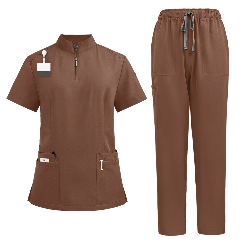 Nursing Uniform Sets Unisex Short Sleeves Stand-up Collar Zipper Overalls Nurse Uniforms Top & Pants Multi Pocket for Hospital Doctor Nurse Workwear Comfortable Quick-drying and Breathable Work Clothes