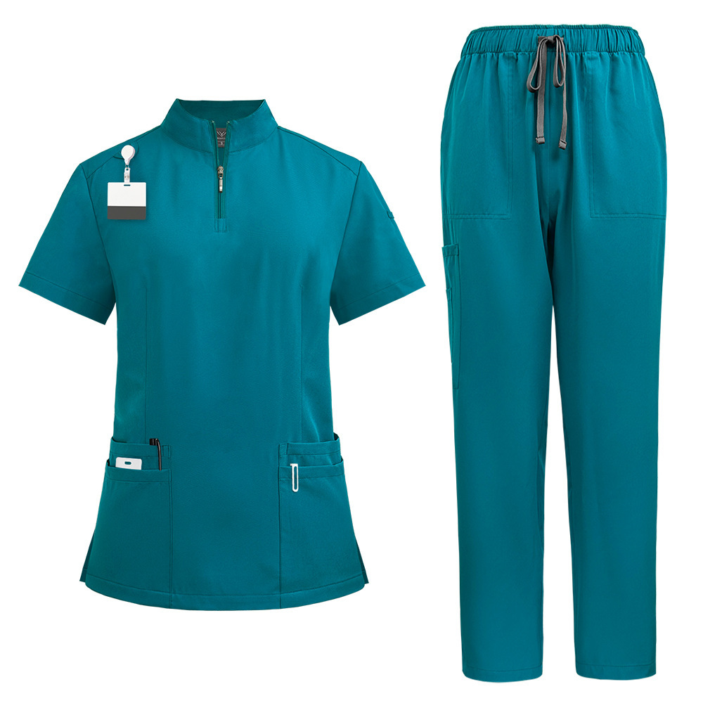 Nursing Uniform Sets Unisex Short Sleeves Stand-up Collar Zipper Overalls Nurse Uniforms Top & Pants Multi Pocket for Hospital Doctor Nurse Workwear Comfortable Quick-drying and Breathable Work Clothes