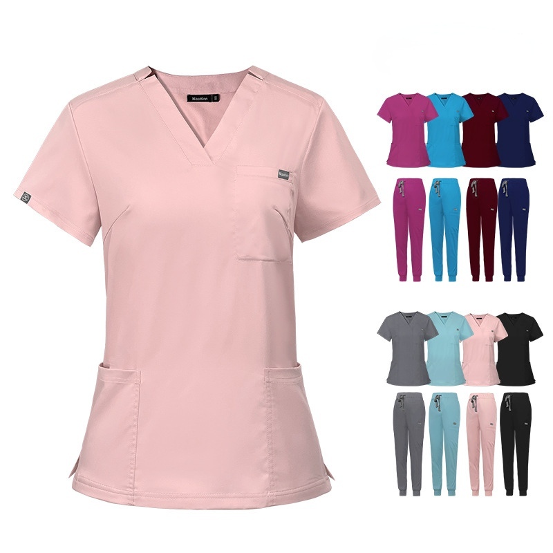 Nurse Uniforms for Hospital Nursing Uniform for Women Men Short Sleeves V-neck Stretchy Scrubs Set Top & Pants Jogger with Multi Pocket Nurse Workwear Comfortable Quick-drying and Breathable Work Clothes Elastical Fabric