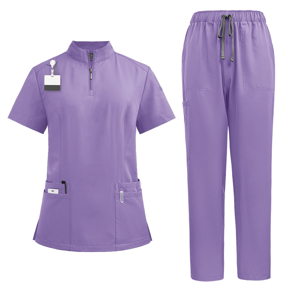Nursing Uniform Sets Unisex Short Sleeves Stand-up Collar Zipper Overalls Nurse Uniforms Top & Pants Multi Pocket for Hospital Doctor Nurse Workwear Comfortable Quick-drying and Breathable Work Clothes