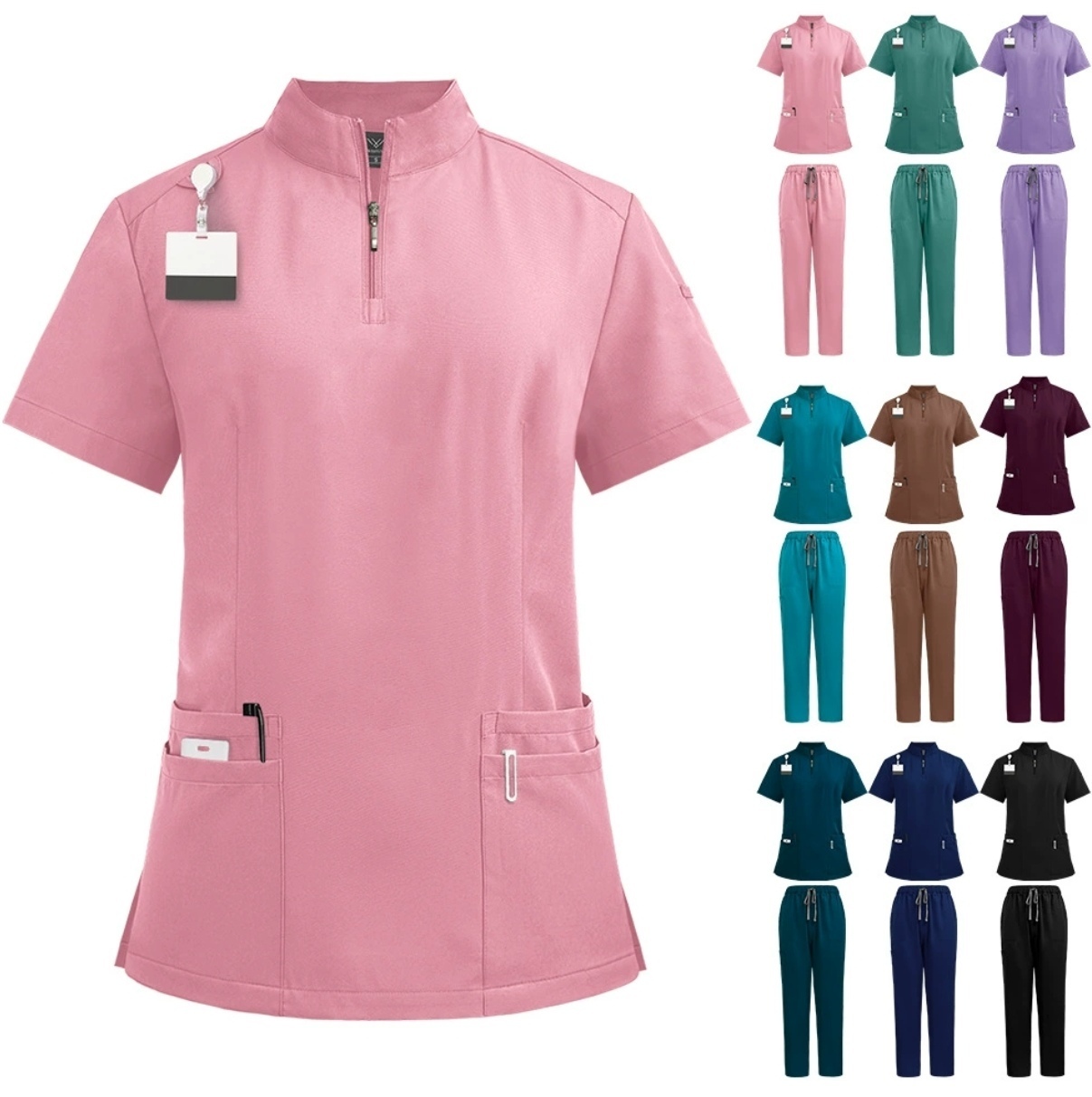 Nursing Uniform Sets Unisex Short Sleeves Stand-up Collar Zipper Overalls Nurse Uniforms Top & Pants Multi Pocket for Hospital Doctor Nurse Workwear Comfortable Quick-drying and Breathable Work Clothes