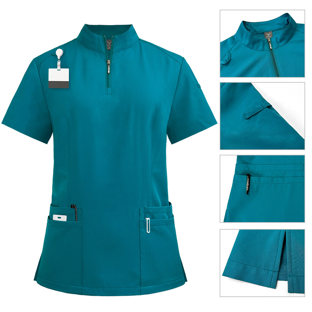 Nursing Uniform Sets Unisex Short Sleeves Stand-up Collar Zipper Overalls Nurse Uniforms Top & Pants Multi Pocket for Hospital Doctor Nurse Workwear Comfortable Quick-drying and Breathable Work Clothes