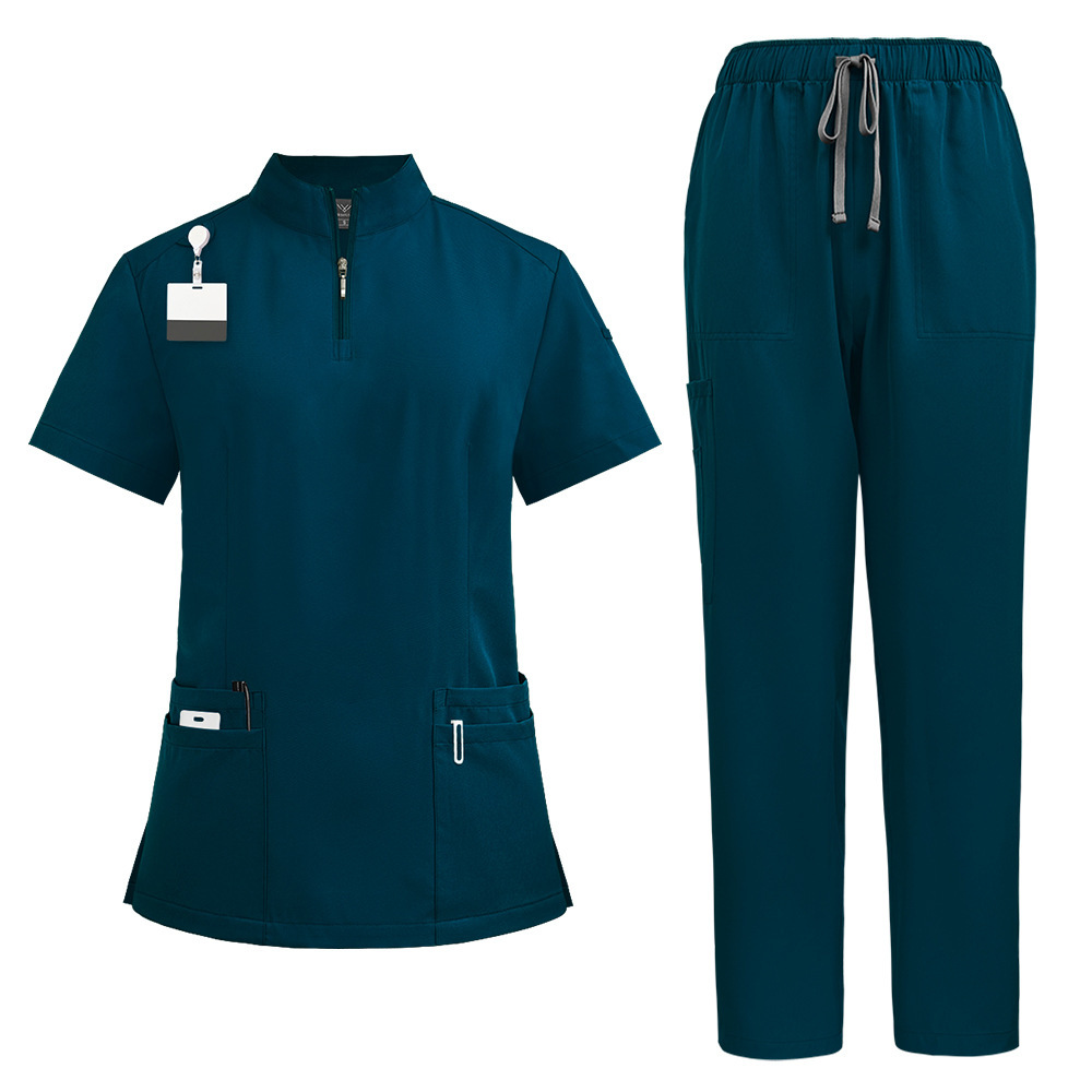 Nursing Uniform Sets Unisex Short Sleeves Stand-up Collar Zipper Overalls Nurse Uniforms Top & Pants Multi Pocket for Hospital Doctor Nurse Workwear Comfortable Quick-drying and Breathable Work Clothes