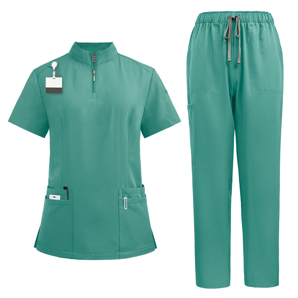Nursing Uniform Sets Unisex Short Sleeves Stand-up Collar Zipper Overalls Nurse Uniforms Top & Pants Multi Pocket for Hospital Doctor Nurse Workwear Comfortable Quick-drying and Breathable Work Clothes