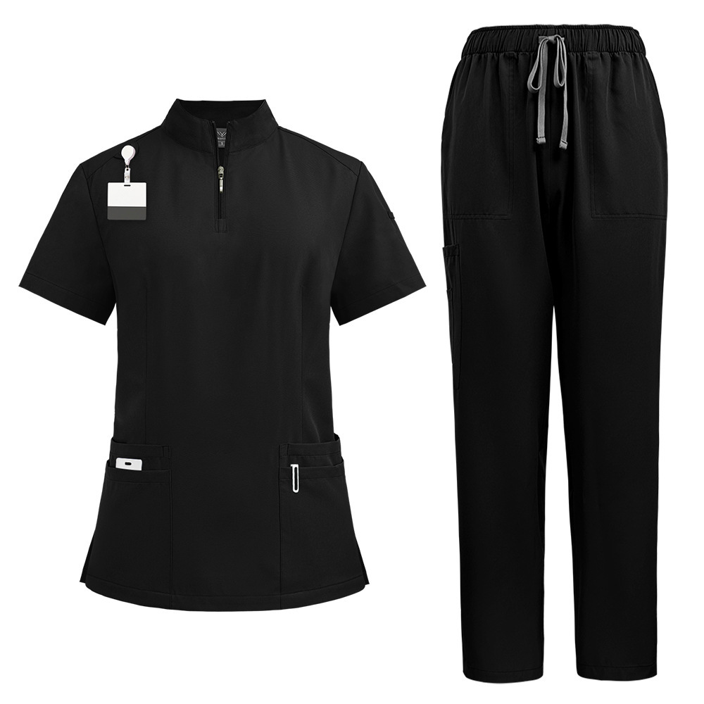 Nursing Uniform Sets Unisex Short Sleeves Stand-up Collar Zipper Overalls Nurse Uniforms Top & Pants Multi Pocket for Hospital Doctor Nurse Workwear Comfortable Quick-drying and Breathable Work Clothes