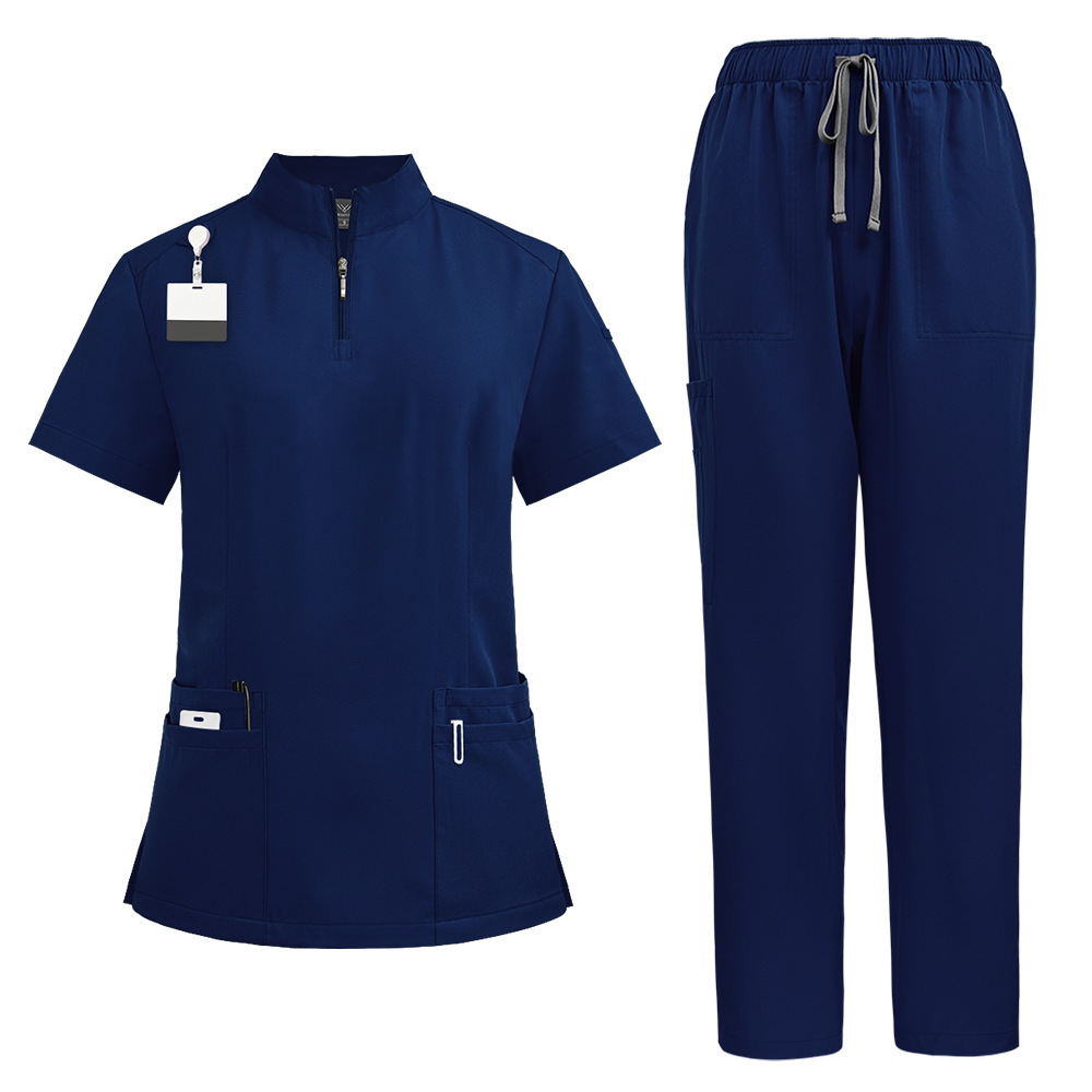 Nursing Uniform Sets Unisex Short Sleeves Stand-up Collar Zipper Overalls Nurse Uniforms Top & Pants Multi Pocket for Hospital Doctor Nurse Workwear Comfortable Quick-drying and Breathable Work Clothes