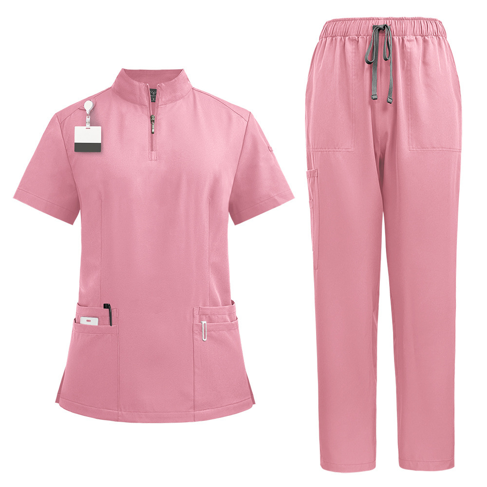 Nursing Uniform Sets Unisex Short Sleeves Stand-up Collar Zipper Overalls Nurse Uniforms Top & Pants Multi Pocket for Hospital Doctor Nurse Workwear Comfortable Quick-drying and Breathable Work Clothes