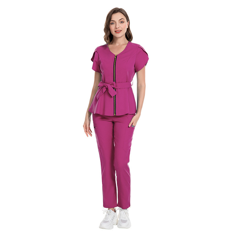 Scrubs Uniform Store Nursing Uniform Sets Women's Fashion Lace-up Waist Short-sleeved Elastic Overalls Scrubs Nurse Uniforms for Hospital Top & Pants Professional Scrubs Uniform Elastic Fabric Comfortable and Breathable