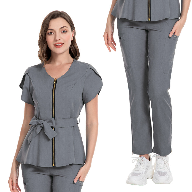 Scrubs Uniform Store Nursing Uniform Sets Women's Fashion Lace-up Waist Short-sleeved Elastic Overalls Scrubs Nurse Uniforms for Hospital Top & Pants Professional Scrubs Uniform Elastic Fabric Comfortable and Breathable