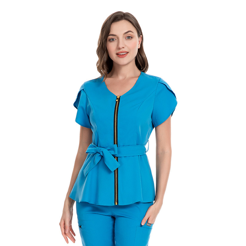 Scrubs Uniform Store Nursing Uniform Sets Women's Fashion Lace-up Waist Short-sleeved Elastic Overalls Scrubs Nurse Uniforms for Hospital Top & Pants Professional Scrubs Uniform Elastic Fabric Comfortable and Breathable