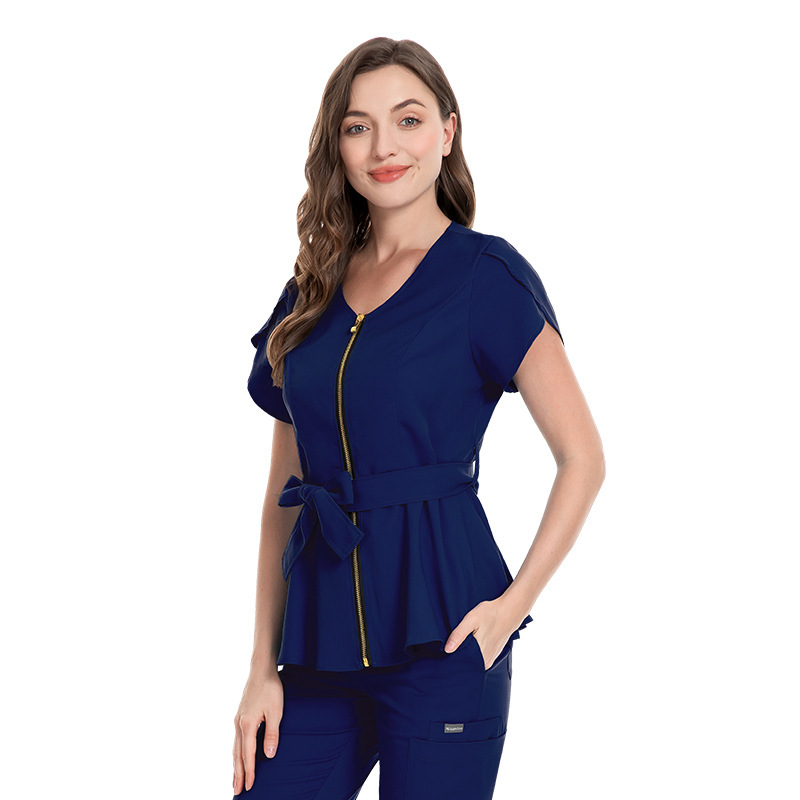 Scrubs Uniform Store Nursing Uniform Sets Women's Fashion Lace-up Waist Short-sleeved Elastic Overalls Scrubs Nurse Uniforms for Hospital Top & Pants Professional Scrubs Uniform Elastic Fabric Comfortable and Breathable