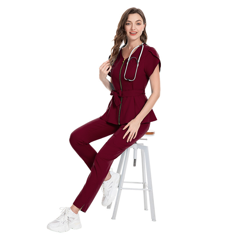 Scrubs Uniform Store Nursing Uniform Sets Women's Fashion Lace-up Waist Short-sleeved Elastic Overalls Scrubs Nurse Uniforms for Hospital Top & Pants Professional Scrubs Uniform Elastic Fabric Comfortable and Breathable