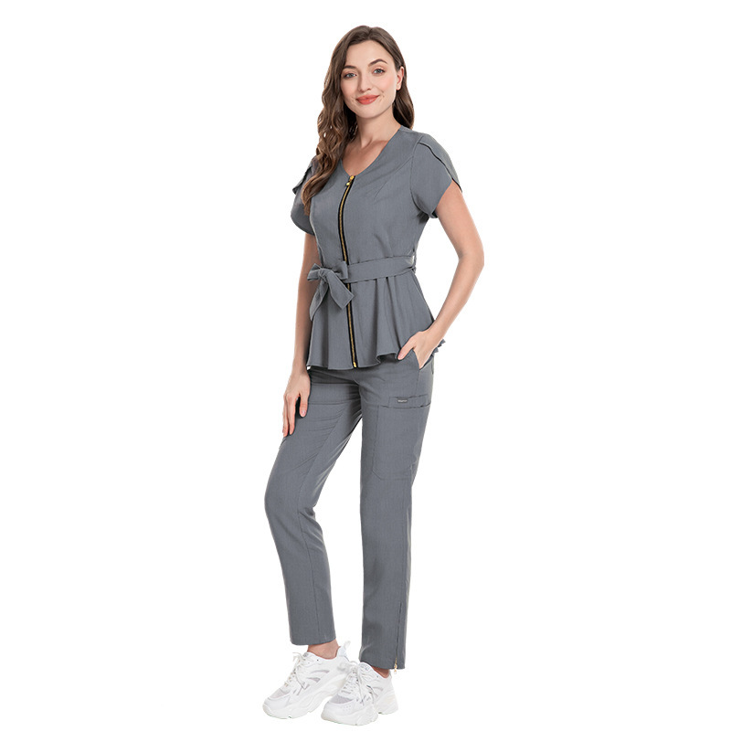 Scrubs Uniform Store Nursing Uniform Sets Women's Fashion Lace-up Waist Short-sleeved Elastic Overalls Scrubs Nurse Uniforms for Hospital Top & Pants Professional Scrubs Uniform Elastic Fabric Comfortable and Breathable