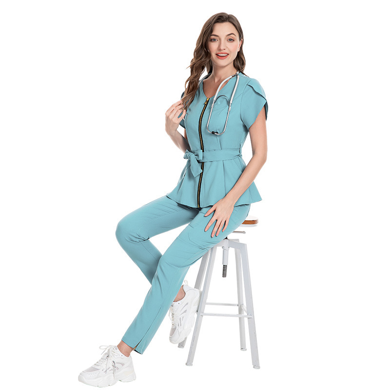 Scrubs Uniform Store Nursing Uniform Sets Women's Fashion Lace-up Waist Short-sleeved Elastic Overalls Scrubs Nurse Uniforms for Hospital Top & Pants Professional Scrubs Uniform Elastic Fabric Comfortable and Breathable