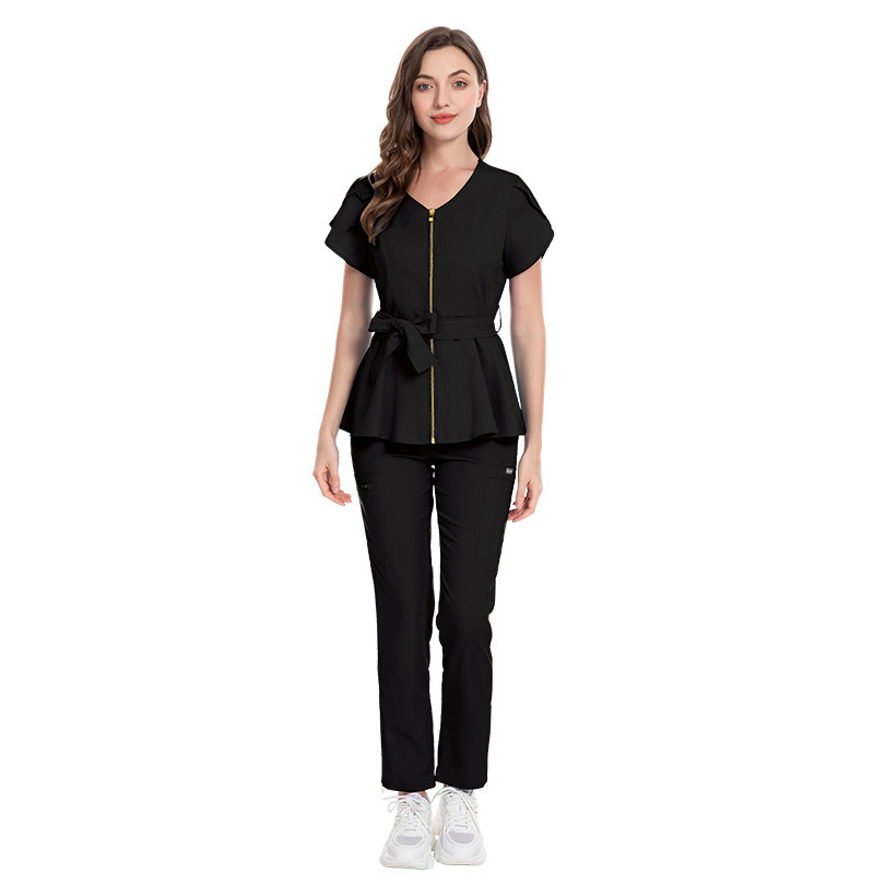 Scrubs Uniform Store Nursing Uniform Sets Women's Fashion Lace-up Waist Short-sleeved Elastic Overalls Scrubs Nurse Uniforms for Hospital Top & Pants Professional Scrubs Uniform Elastic Fabric Comfortable and Breathable