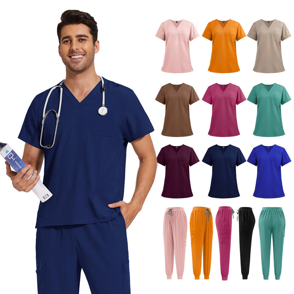 Scrubs Uniform Store Unisex Hospital Uniforms Short Sleeves Nurse Scrubs Sets V-neck Nursing Uniforms Top & Pants with Multi Pocket Summer Professional Scrubs Uniform Comfortable and Breathable