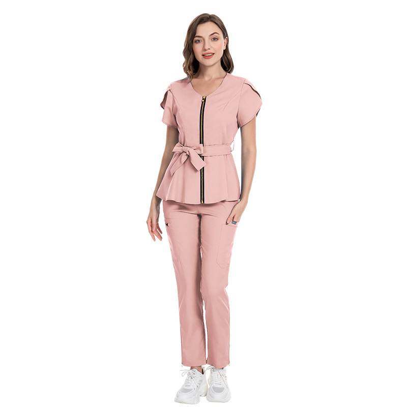 Scrubs Uniform Store Nursing Uniform Sets Women's Fashion Lace-up Waist Short-sleeved Elastic Overalls Scrubs Nurse Uniforms for Hospital Top & Pants Professional Scrubs Uniform Elastic Fabric Comfortable and Breathable
